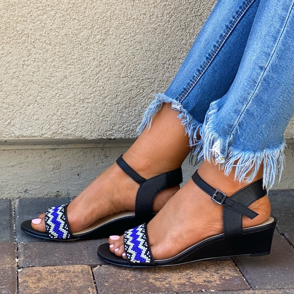 Beads Embellished Ankle Strap Kitten Wedge Sandals - Picture 3 of 11